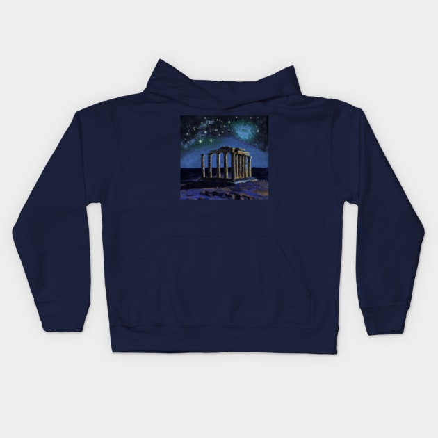 Temple of Poseidon Ancient Greece Oil Painting Kids Hoodie by soulfulprintss8